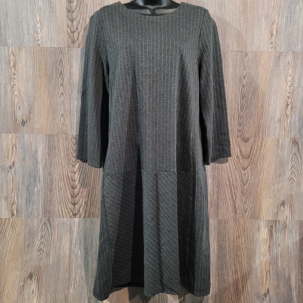 J Jill Ponte Dress Sz M Gray/White Pin Stripe 3/4 Slv Loose Fit Minimalist Lagen
